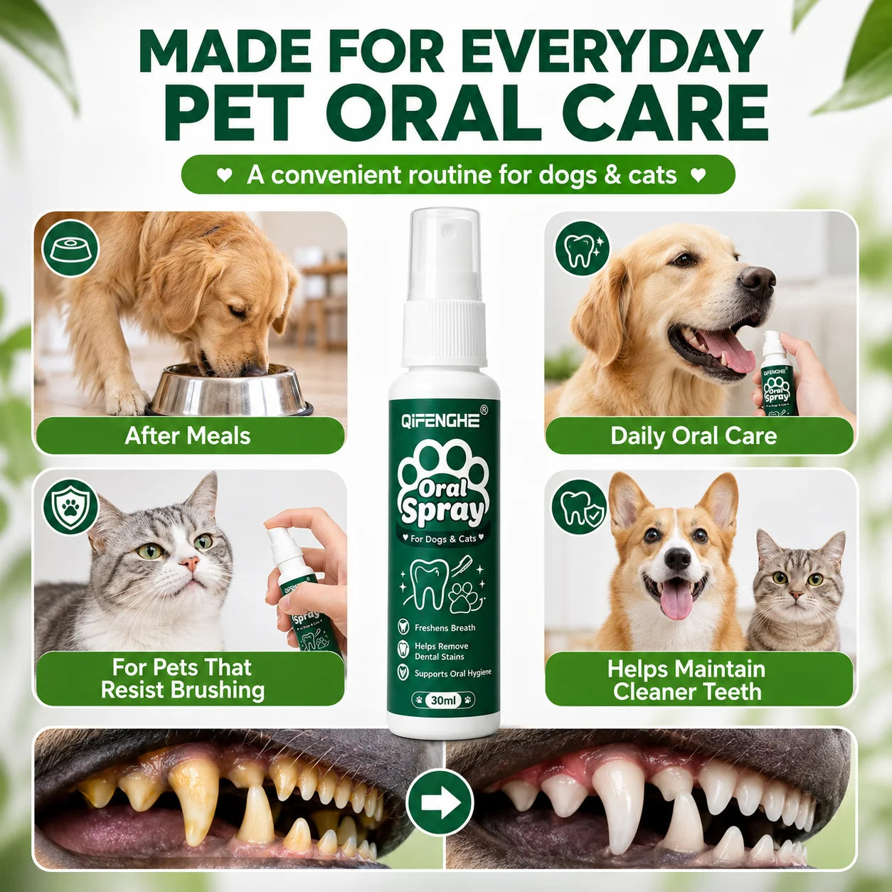 QIFENGHE Dog & Cat Breath Freshener Spray, 30ml Oral Care Solution Removes Stains & Maintains Pet Oral Health