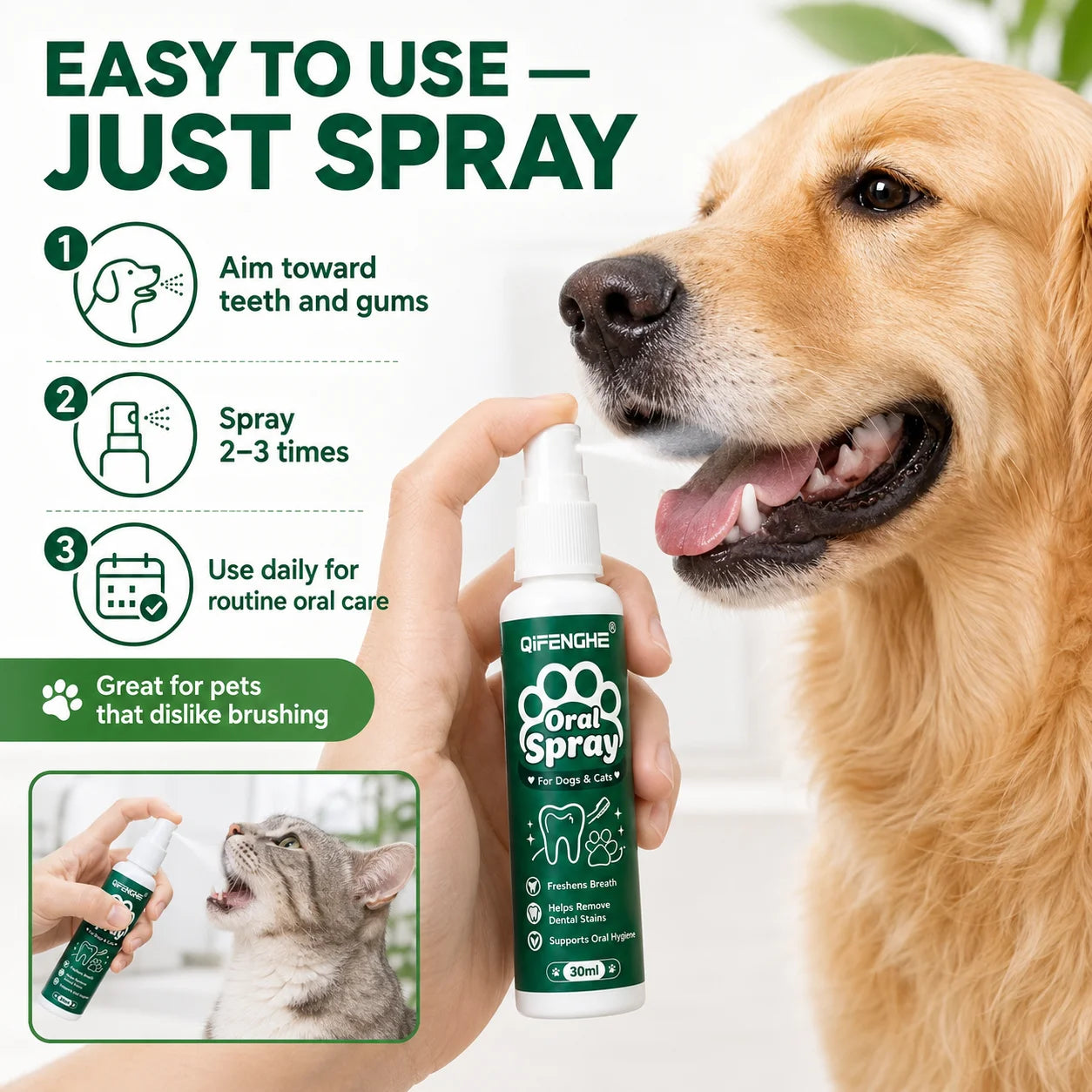 QIFENGHE Dog & Cat Breath Freshener Spray, 30ml Oral Care Solution Removes Stains & Maintains Pet Oral Health