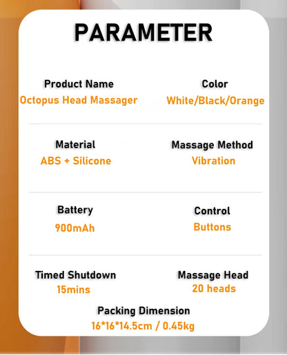 Orange Octopus Head Massager, 10/20 Independent Massage Heads, Wireless Vibration Scalp Scratcher for Daily Relaxation