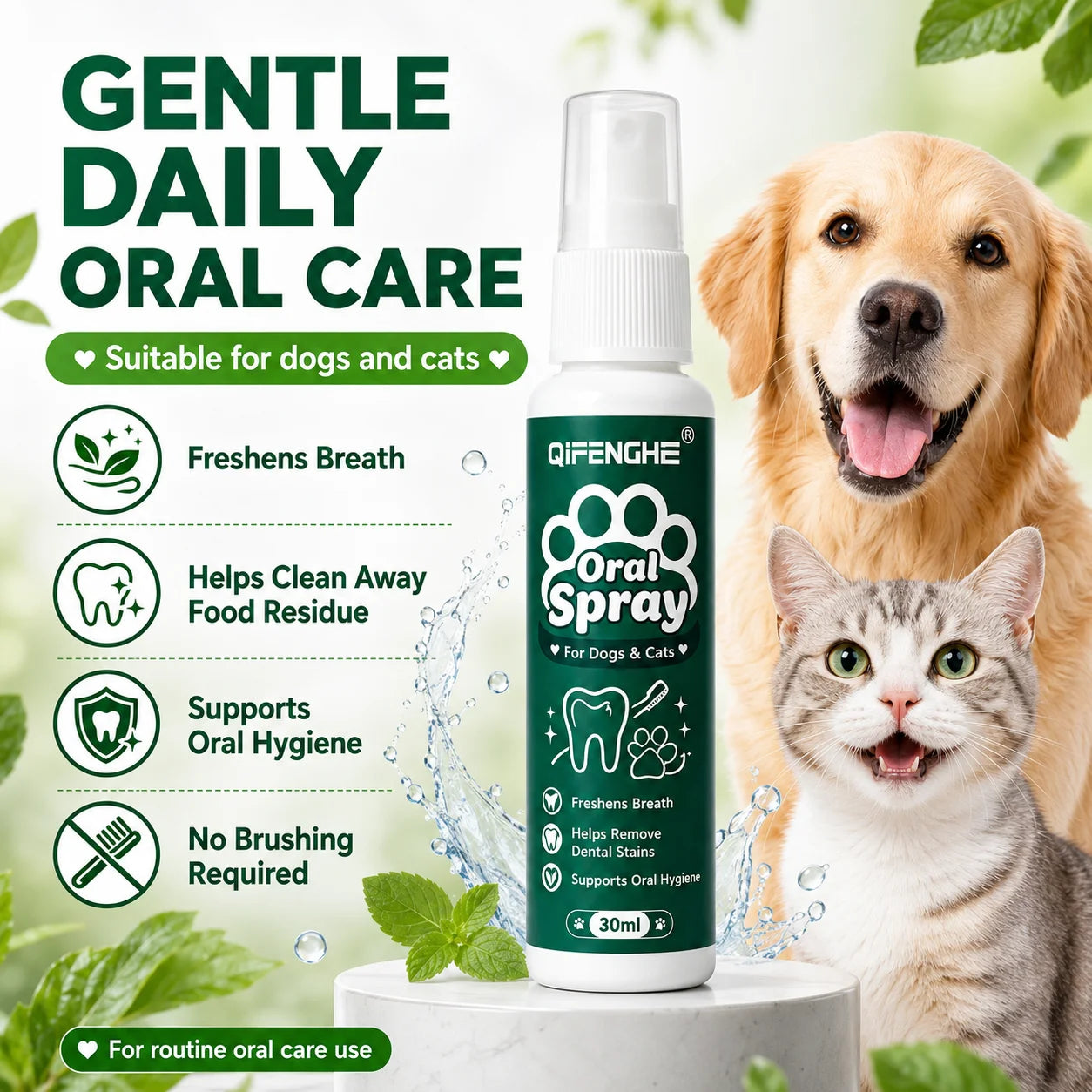 QIFENGHE Dog & Cat Breath Freshener Spray, 30ml Oral Care Solution Removes Stains & Maintains Pet Oral Health