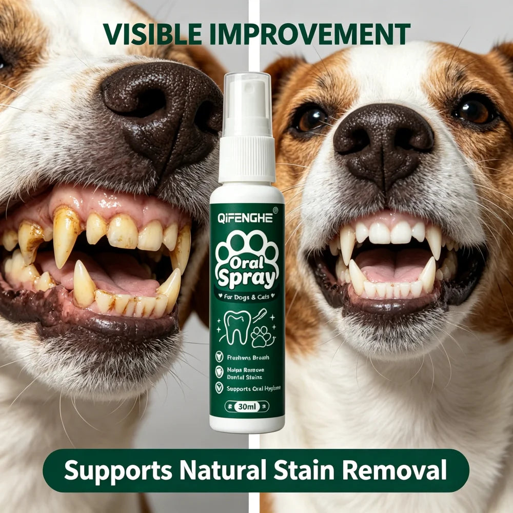 QIFENGHE Dog & Cat Breath Freshener Spray, 30ml Oral Care Solution Removes Stains & Maintains Pet Oral Health