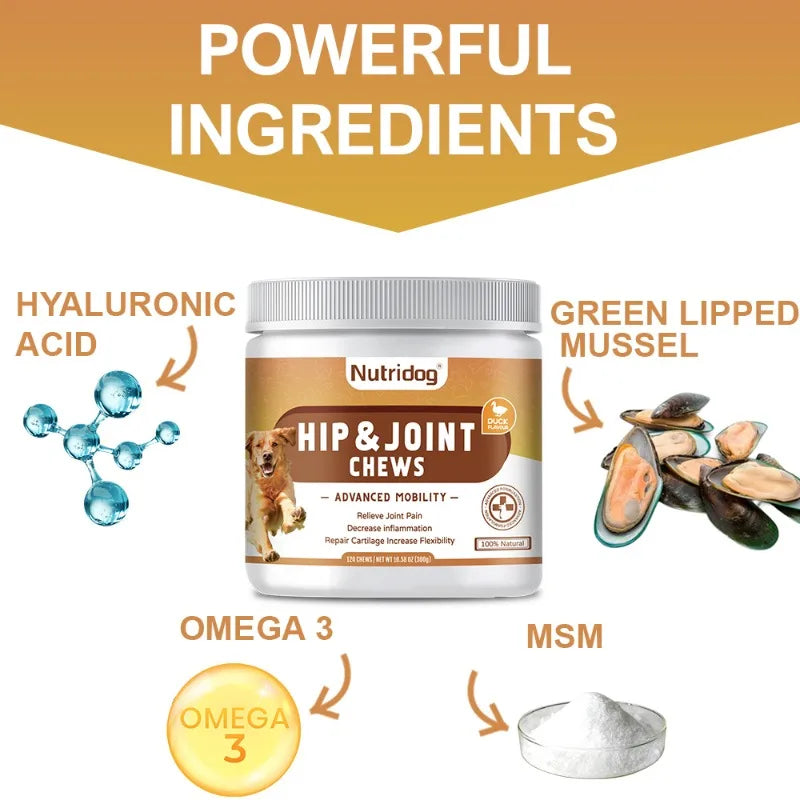 Hip and Joint Supplement for Dogs with Glucosamine, Chondroitin & MSM - Duck Flavor Joint Care Chews(Duck)